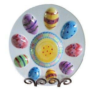 Easter Deviled Egg Tray Plate Round Colorful Iridescent Look 9 Egg Wells Center
